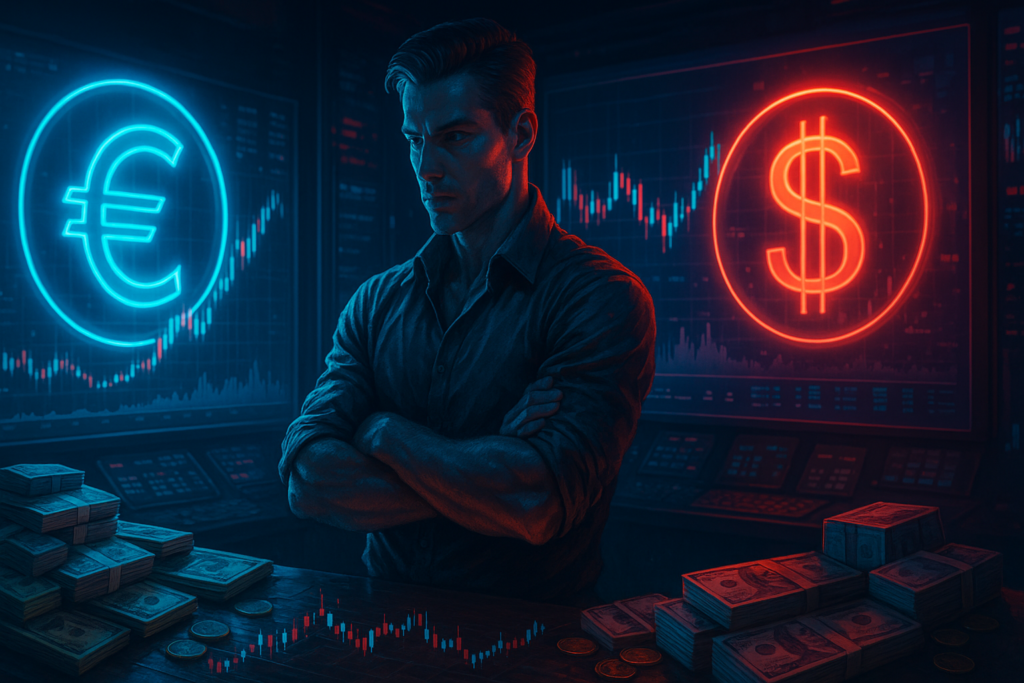 Imagen de un trader analizando el par EUR/USD en una sala con pantallas holográficas y luces de neón azul y rojo, que representan los símbolos del euro y el dólar, transmitiendo una atmósfera tecnológica y de concentración.