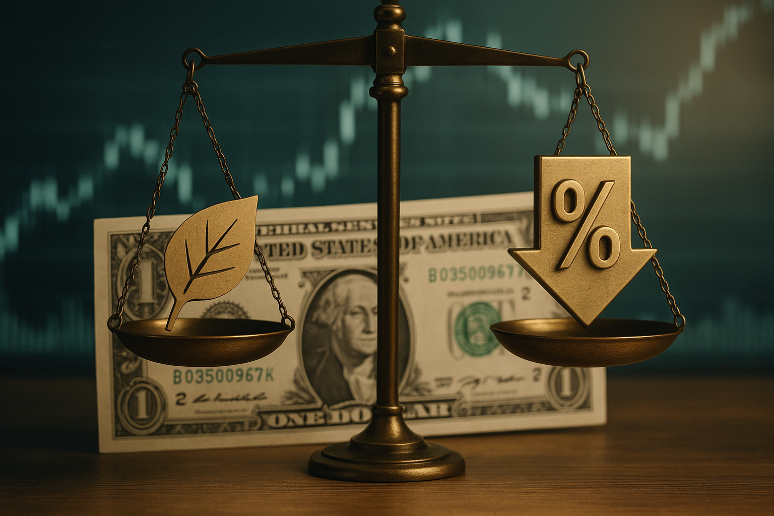 Balanza con una hoja y un símbolo de porcentaje descendente frente a un billete de un dólar, representando la moderación de la inflación y la baja de tasas de interés en EE.UU.
