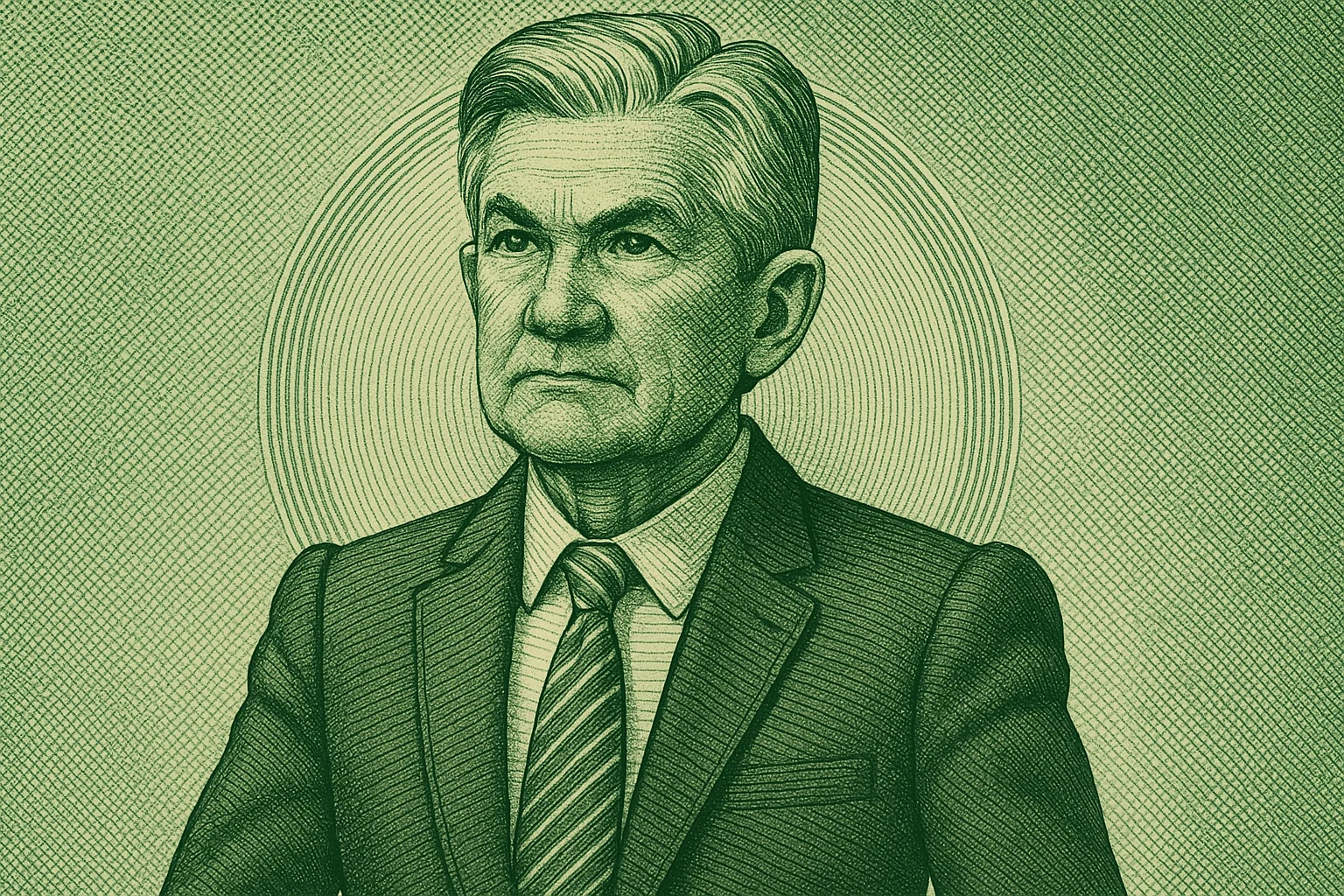 Ilustración estilo billete de dólar de Jerome Powell, presidente de la Reserva Federal, simbolizando el poder del dólar y las decisiones monetarias de EE.UU.