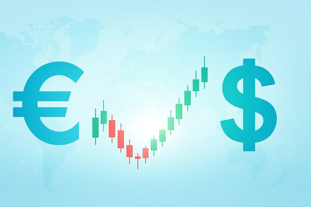 Análisis fundamental del par EUR/USD mostrando conexión económica entre Europa y Estados Unidos con fondo claro y gráfico de velas.