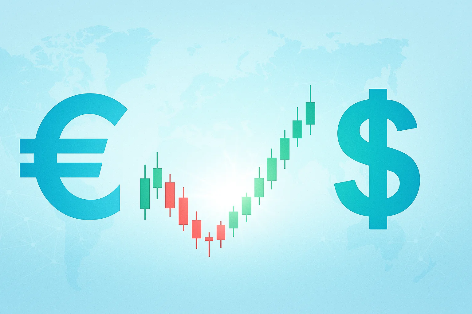 Análisis fundamental del par EUR/USD mostrando conexión económica entre Europa y Estados Unidos con fondo claro y gráfico de velas.