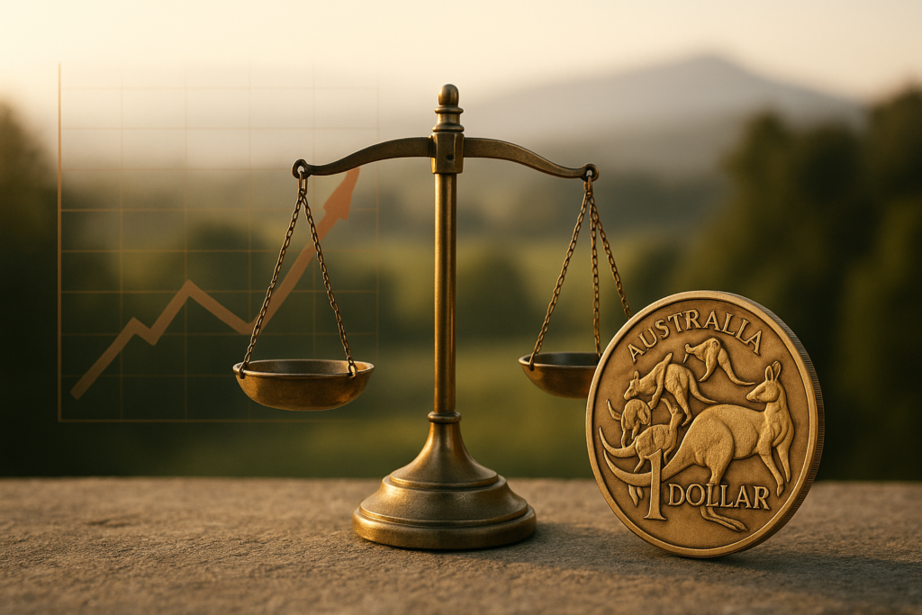 Ilustración realista de una balanza de bronce, una moneda de un dólar australiano y un gráfico ascendente sobre un fondo natural, simbolizando el equilibrio económico de Australia.