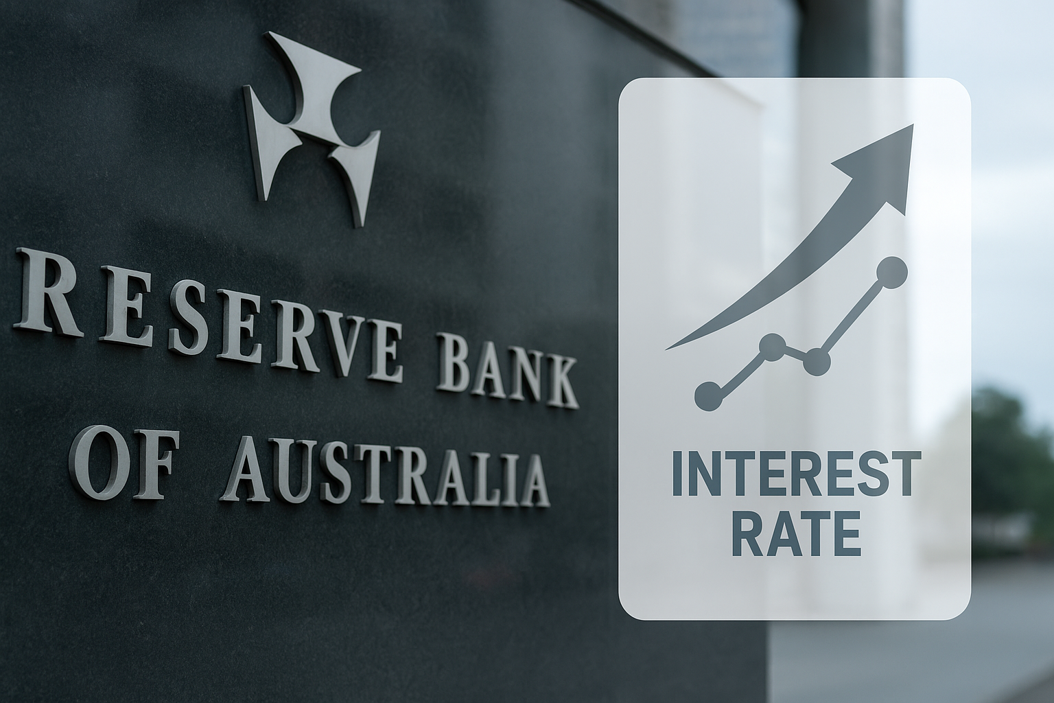 Fotografía de la fachada del Banco de la Reserva de Australia junto a un gráfico que representa la evolución de la tasa de interés.